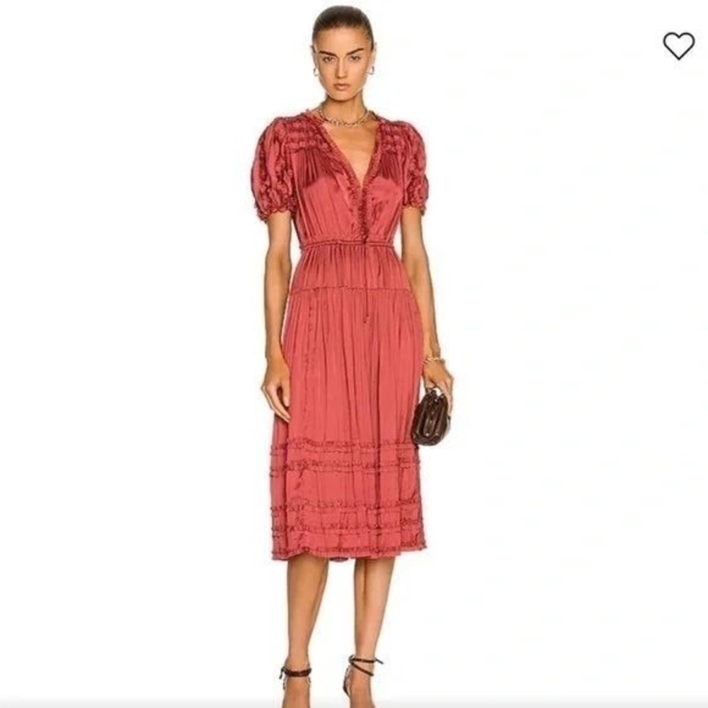 Ulla Johnson Rose Dress Desert Rose Red‎ Plisse Pleated Midi Puff Sleeve Size 6